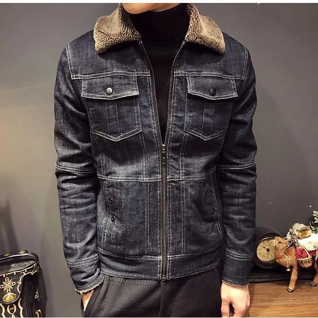 Fleece Collar with Two Pockets Dark Denim Men Jacket