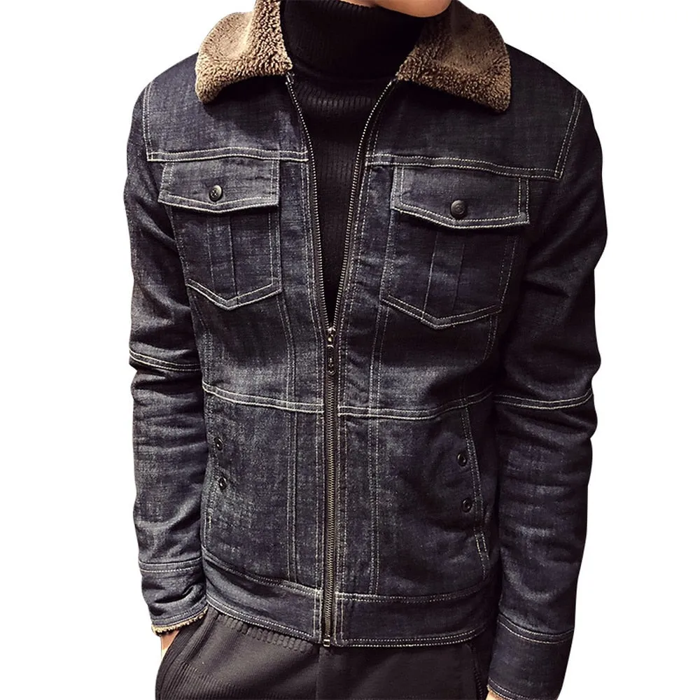 Fleece Collar with Two Pockets Dark Denim Men Jacket