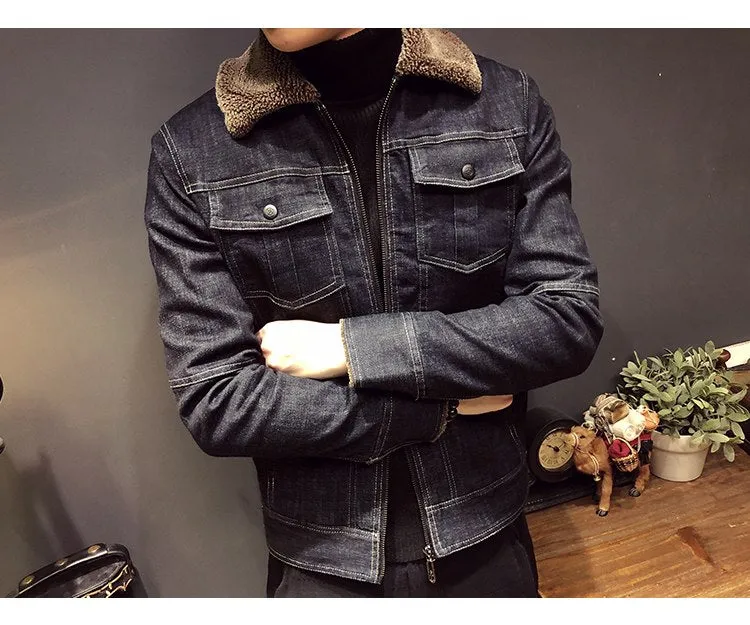 Fleece Collar with Two Pockets Dark Denim Men Jacket