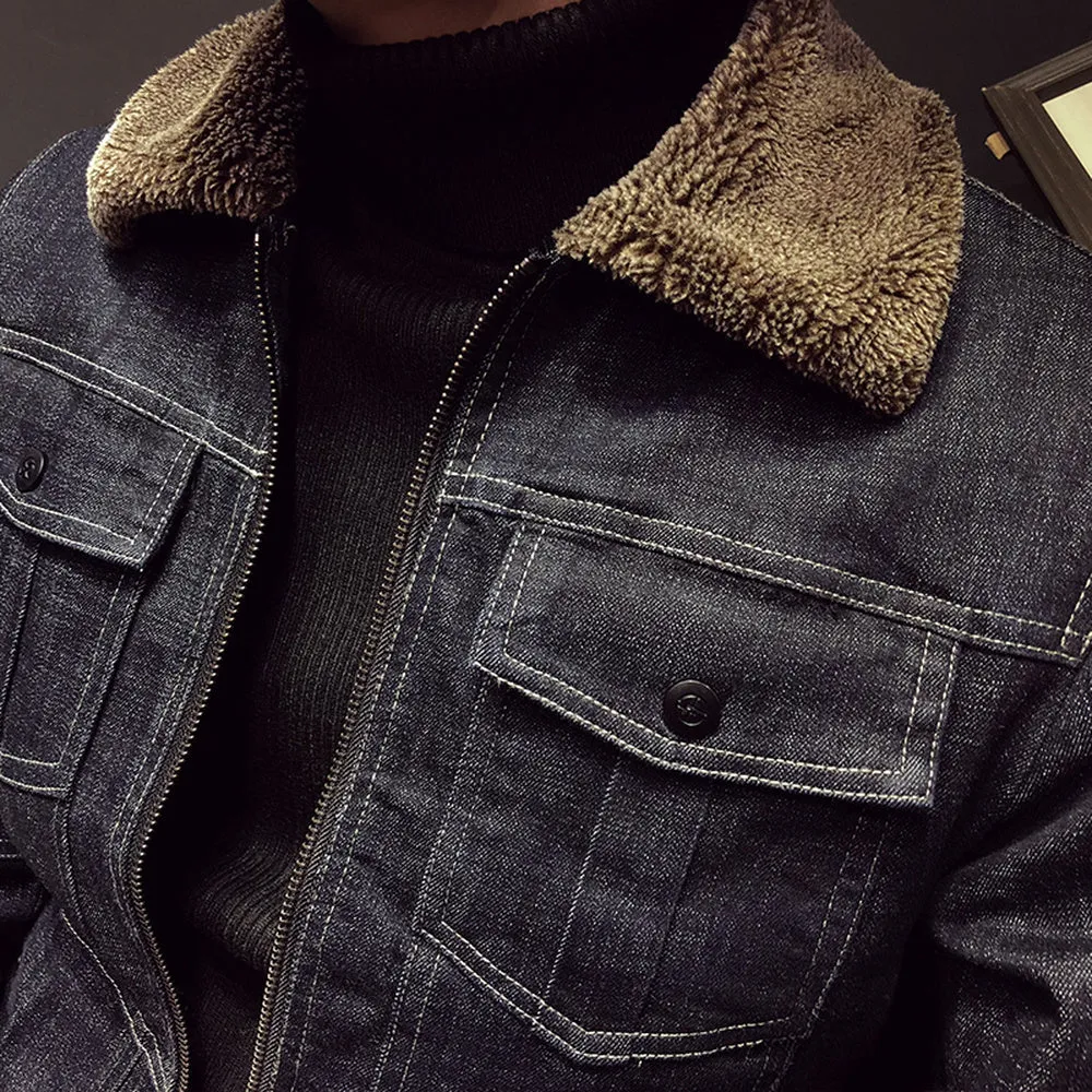 Fleece Collar with Two Pockets Dark Denim Men Jacket