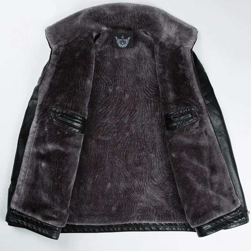 Fleece-Lined Lapel Collar Leather Jacket