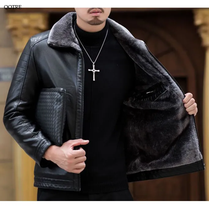 Fleece-Lined Lapel Collar Leather Jacket