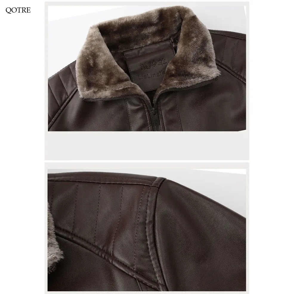 Fleece-Lined Lapel Collar Leather Jacket