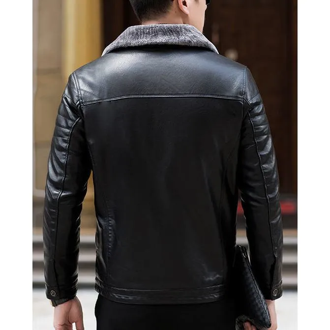 Fleece-Lined Lapel Collar Leather Jacket