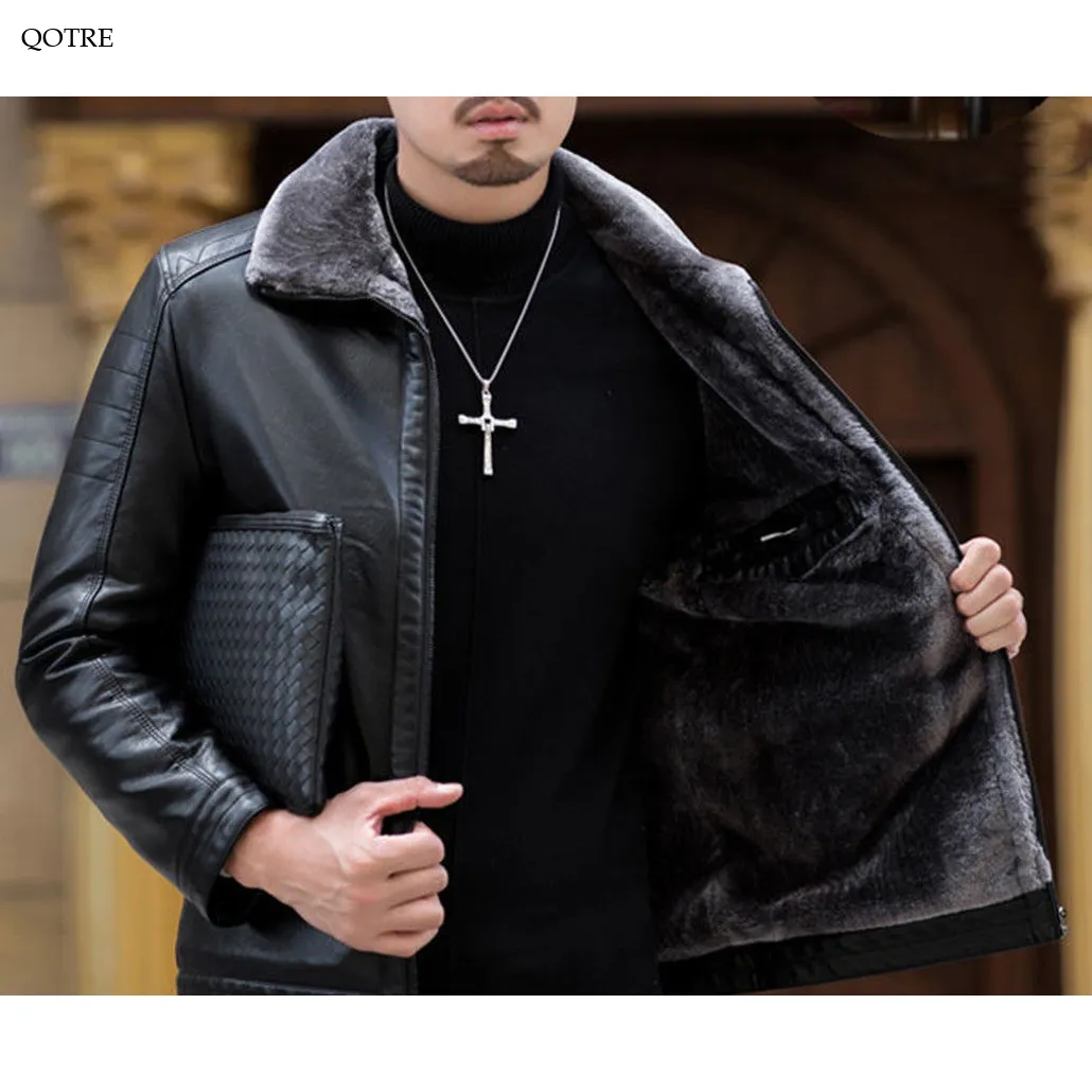 Fleece-Lined Lapel Collar Leather Jacket