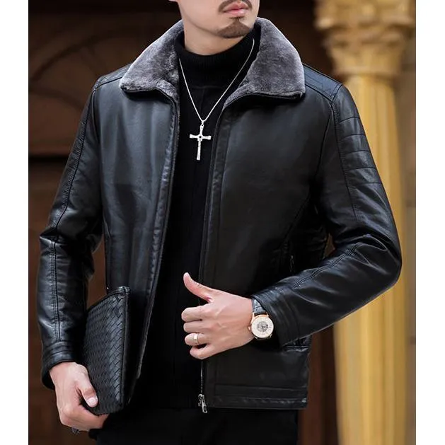 Fleece-Lined Lapel Collar Leather Jacket