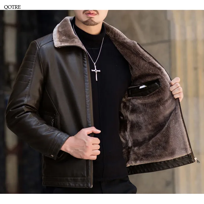 Fleece-Lined Lapel Collar Leather Jacket