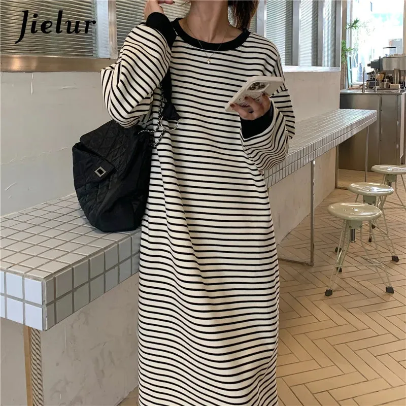 Fleece White Black Striped Hoodies Female Fashion Loose O-neck Maxi Sweatshirt High Street Pullover Women Long Hoodie