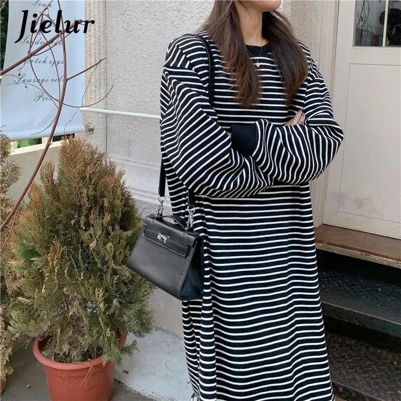 Fleece White Black Striped Hoodies Female Fashion Loose O-neck Maxi Sweatshirt High Street Pullover Women Long Hoodie