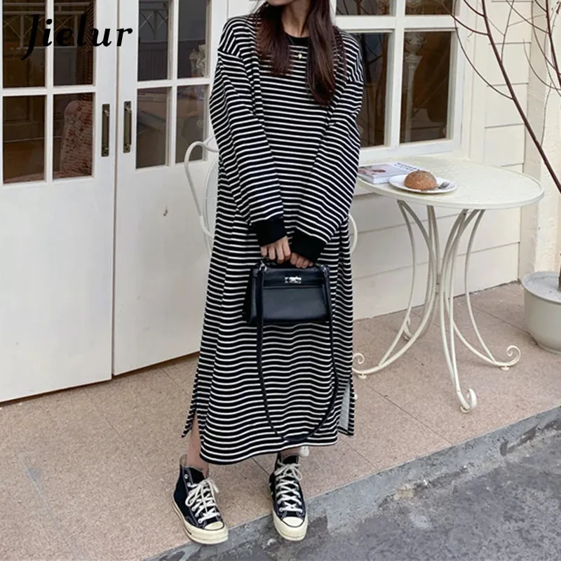 Fleece White Black Striped Hoodies Female Fashion Loose O-neck Maxi Sweatshirt High Street Pullover Women Long Hoodie