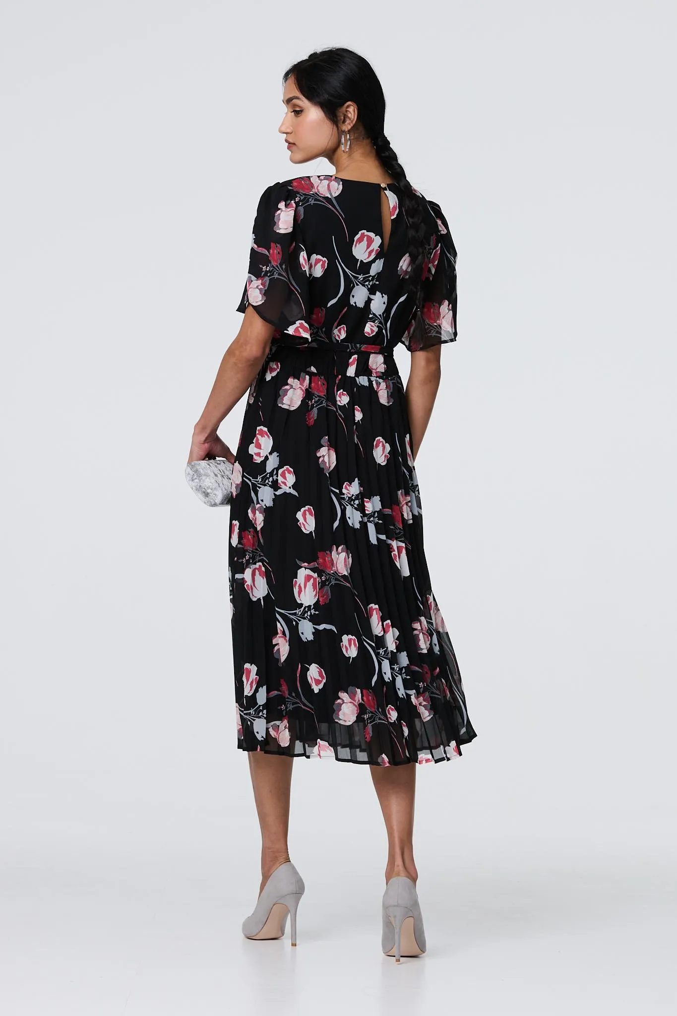 Floral Sheer 1/2 Sleeve Midi Wrap Dress