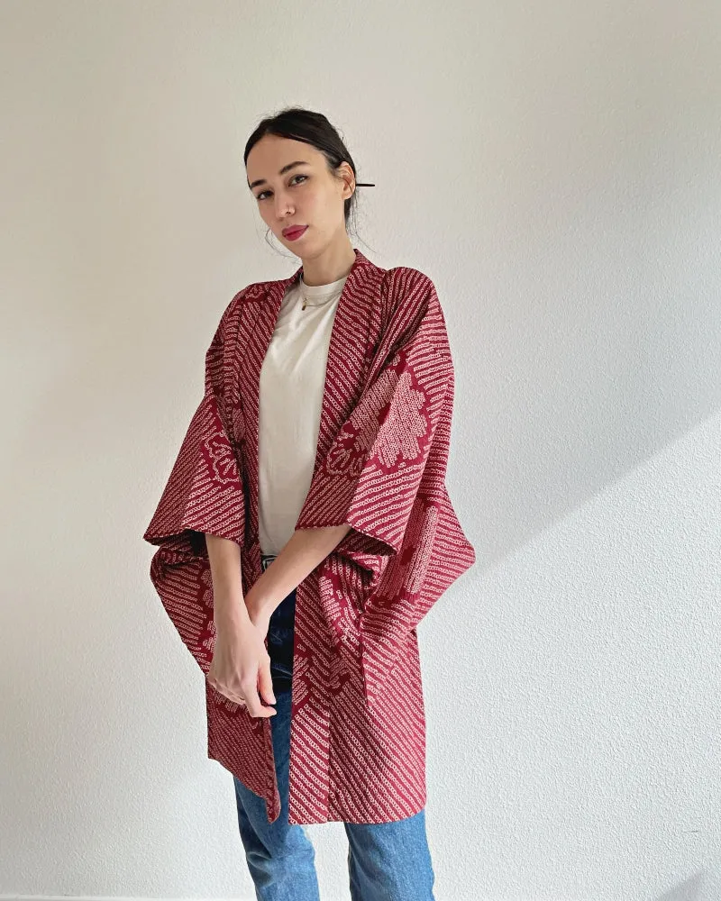 Flower Maroon Red  Shibori Haori Kimono Jacket