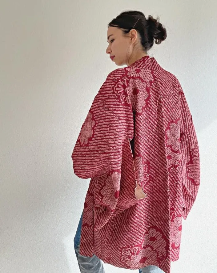 Flower Maroon Red  Shibori Haori Kimono Jacket