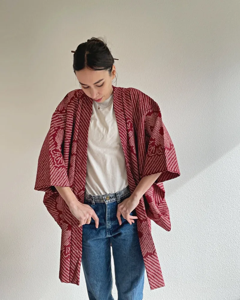 Flower Maroon Red  Shibori Haori Kimono Jacket