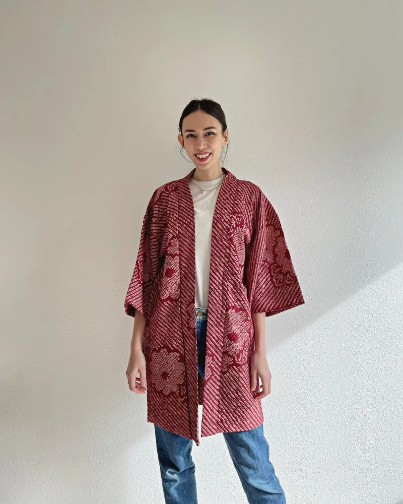 Flower Maroon Red  Shibori Haori Kimono Jacket