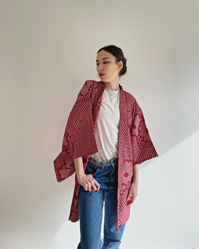 Flower Maroon Red  Shibori Haori Kimono Jacket