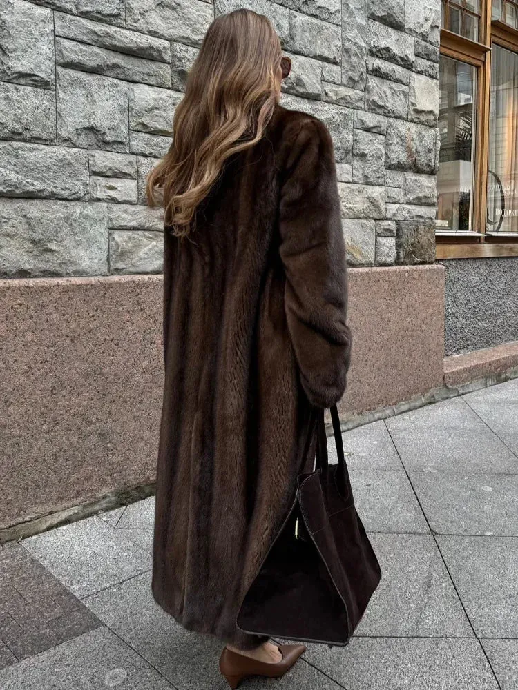 Flytonn-Christmas Thanksgiving Gift New Year's Eve Casual Outfits Winter Brown Warm Retro Fluffy Long Faux Fur Coat Fashion Full Sleeves Casual Loose Overcoat New Woman High Street Outerwear