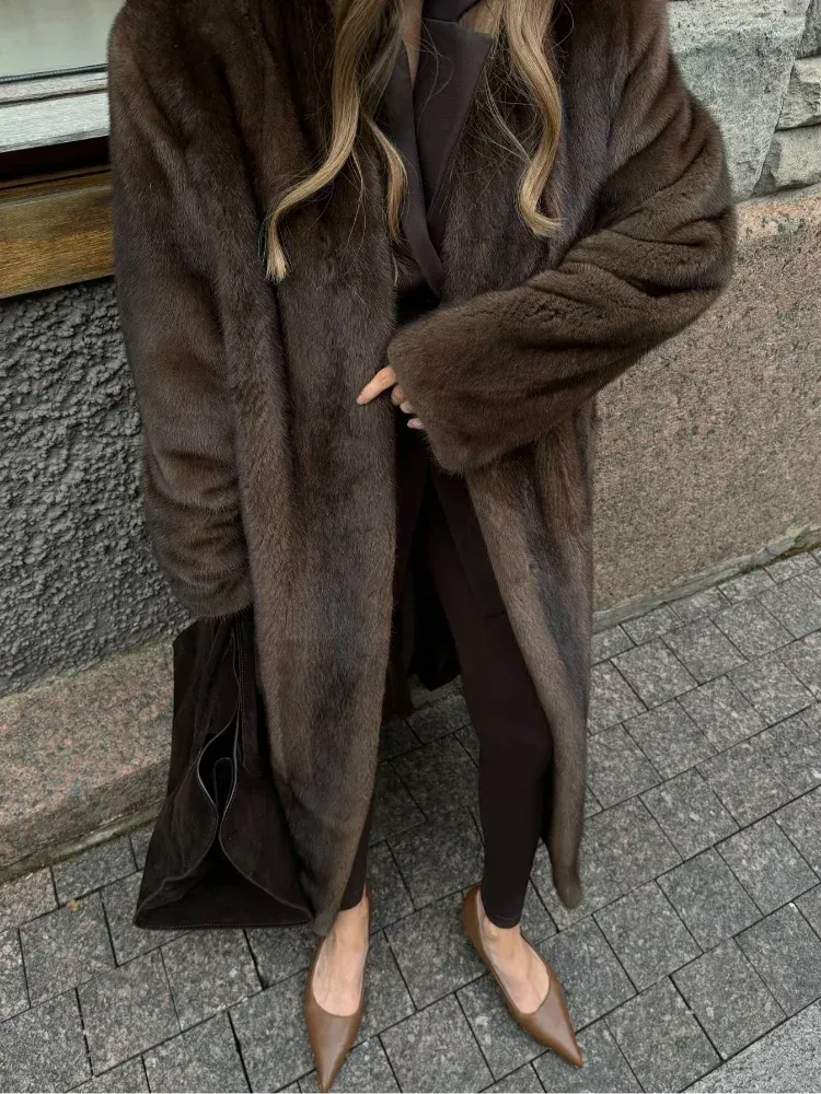 Flytonn-Christmas Thanksgiving Gift New Year's Eve Casual Outfits Winter Brown Warm Retro Fluffy Long Faux Fur Coat Fashion Full Sleeves Casual Loose Overcoat New Woman High Street Outerwear