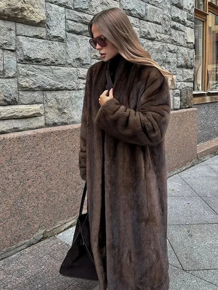 Flytonn-Christmas Thanksgiving Gift New Year's Eve Casual Outfits Winter Brown Warm Retro Fluffy Long Faux Fur Coat Fashion Full Sleeves Casual Loose Overcoat New Woman High Street Outerwear