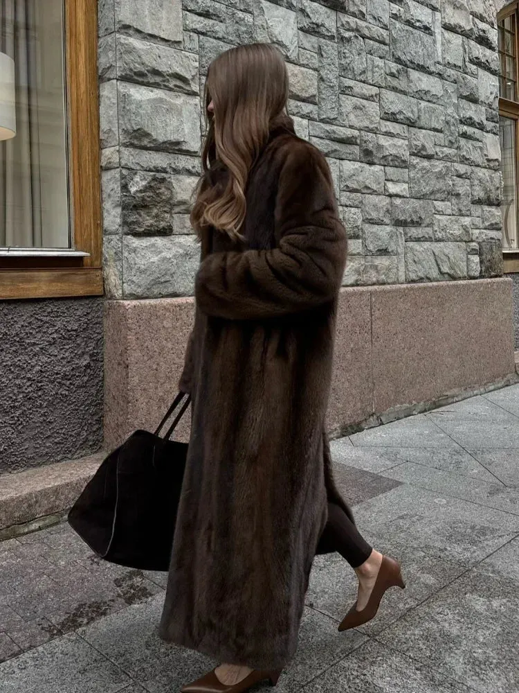 Flytonn-Christmas Thanksgiving Gift New Year's Eve Casual Outfits Winter Brown Warm Retro Fluffy Long Faux Fur Coat Fashion Full Sleeves Casual Loose Overcoat New Woman High Street Outerwear