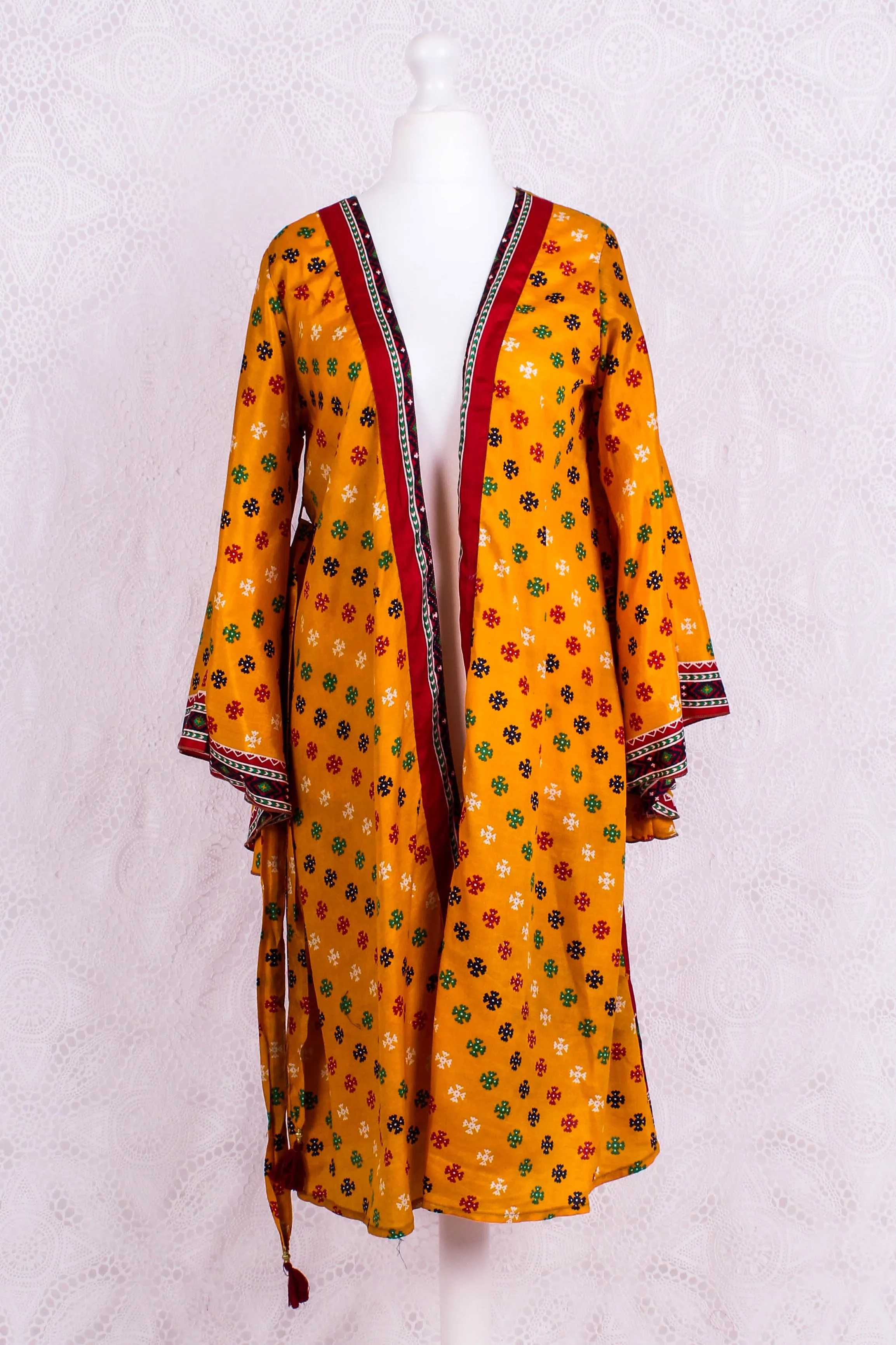 Gemini Bell Sleeve Midi Kimono/Dress - Marigold Yellow Vintage Sari - Size S/M