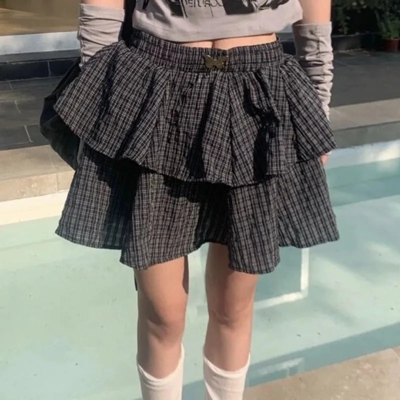 Girlary Ruffle Plaid Mini Skirt Women Kawaii Preppy Style Short Skirts Layered Sweet Cute Korean Fashion Casual Street Skirt