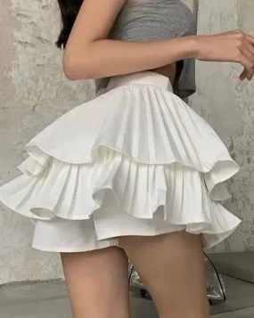 Girlary Woman Solid Y2K Pleated White Skirt 2024 Summer High Waist Layered Ruffles Mini Skirt Preppy Style Fashion Faldas Para Mujeres