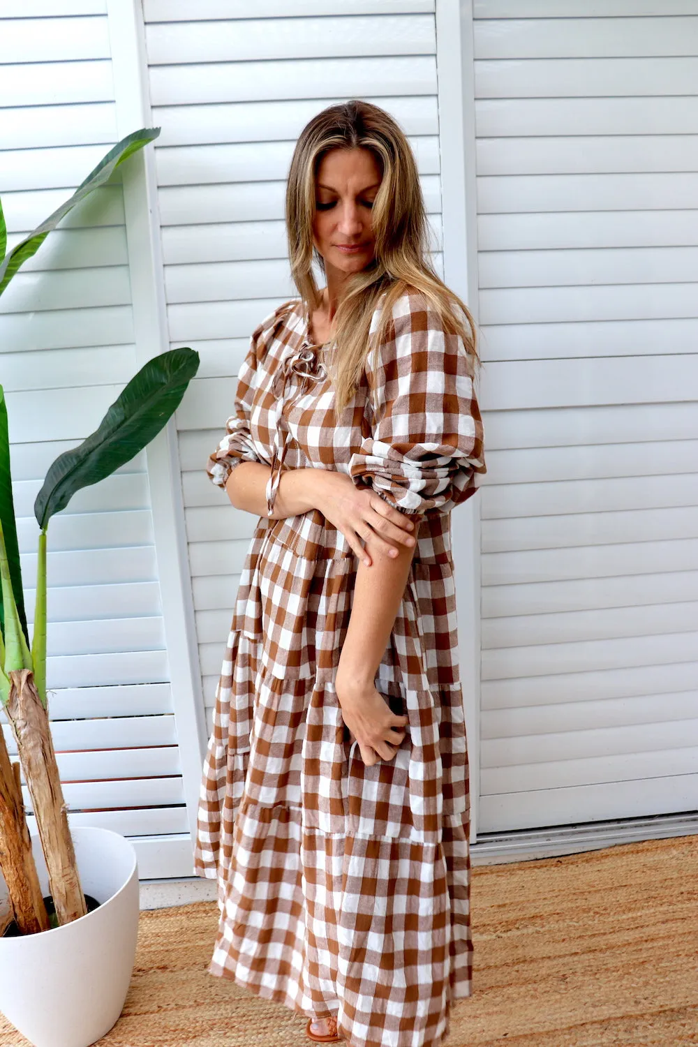 Hayley Gingham Cotton Long Sleeve Maxi Dress Taupe or Chocolate