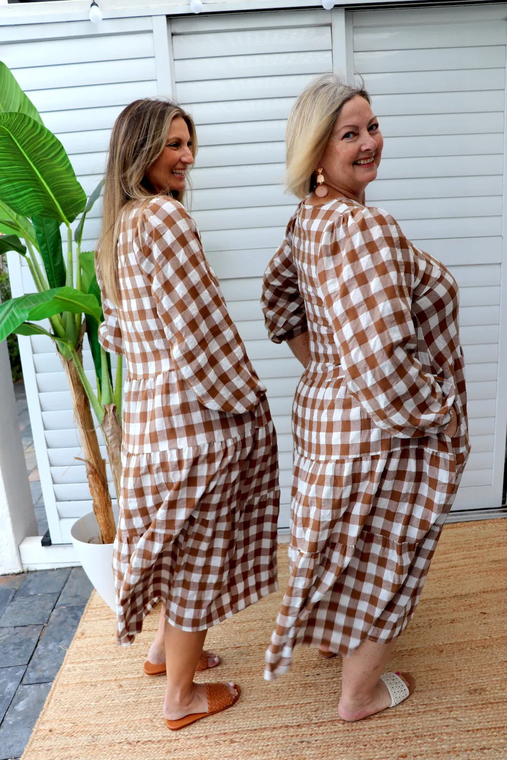 Hayley Gingham Cotton Long Sleeve Maxi Dress Taupe or Chocolate