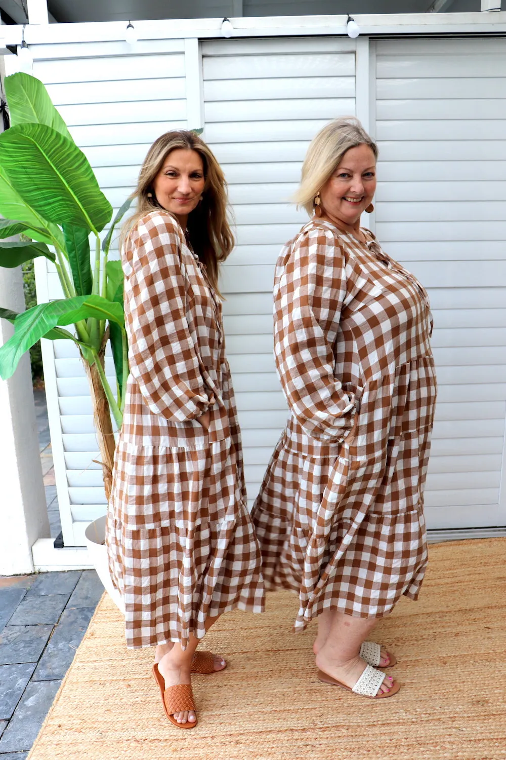 Hayley Gingham Cotton Long Sleeve Maxi Dress Taupe or Chocolate