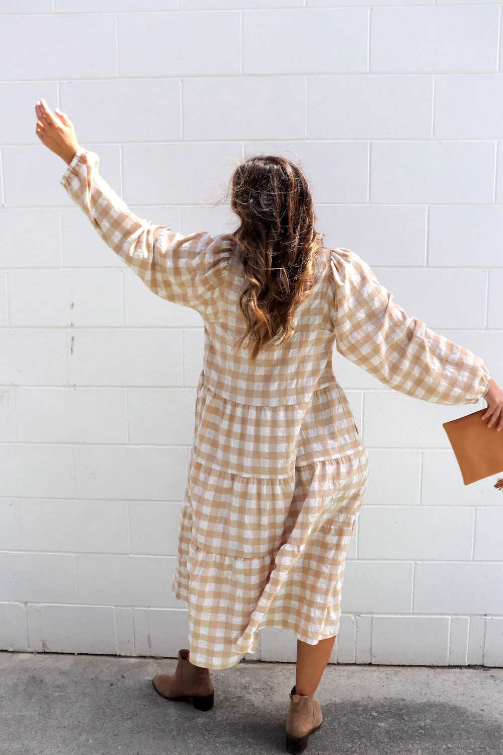 Hayley Gingham Cotton Long Sleeve Maxi Dress Taupe or Chocolate