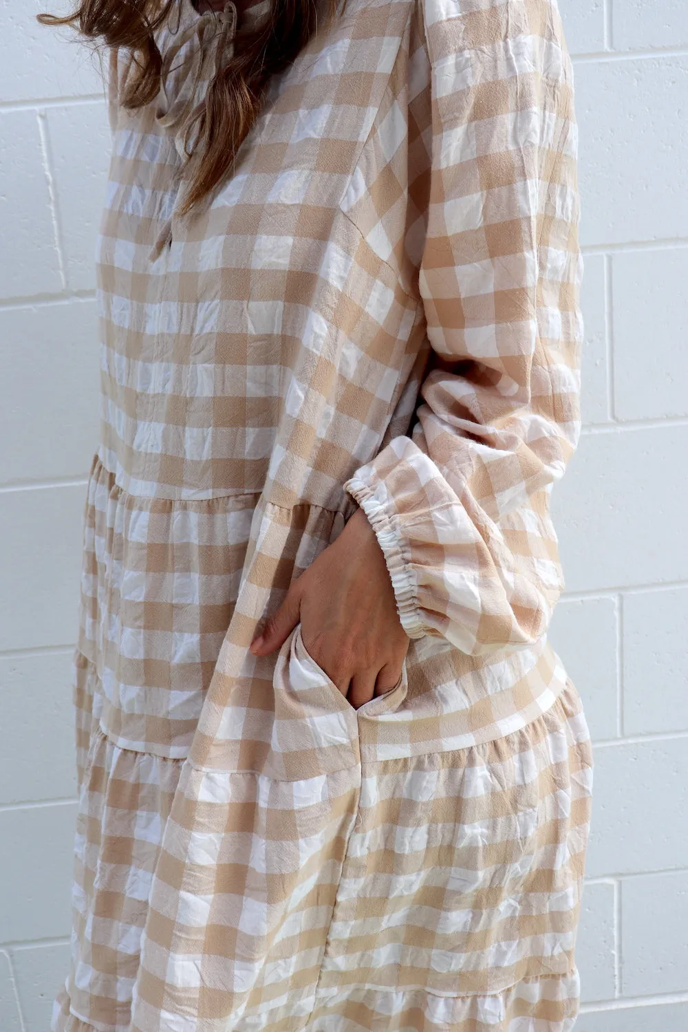 Hayley Gingham Cotton Long Sleeve Maxi Dress Taupe or Chocolate