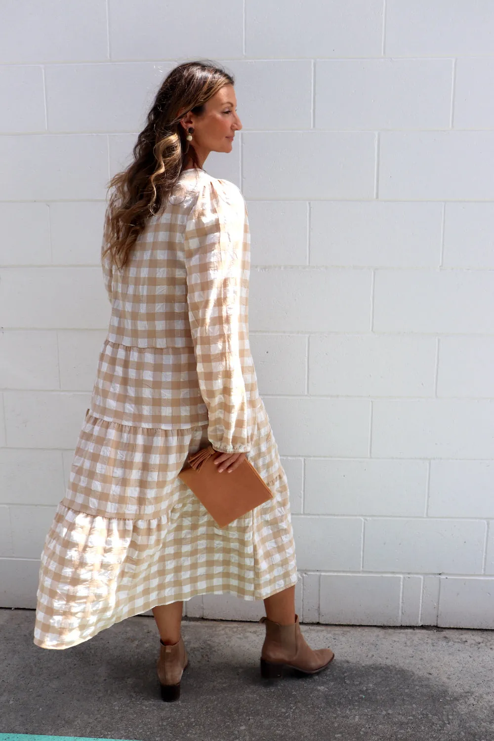 Hayley Gingham Cotton Long Sleeve Maxi Dress Taupe or Chocolate