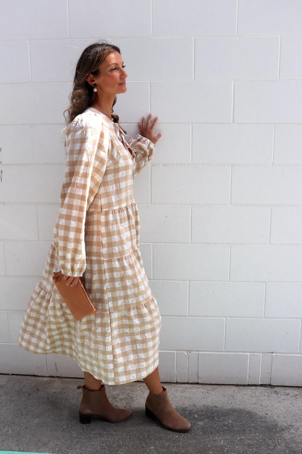 Hayley Gingham Cotton Long Sleeve Maxi Dress Taupe or Chocolate