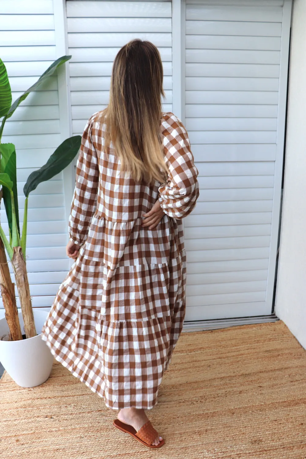 Hayley Gingham Cotton Long Sleeve Maxi Dress Taupe or Chocolate