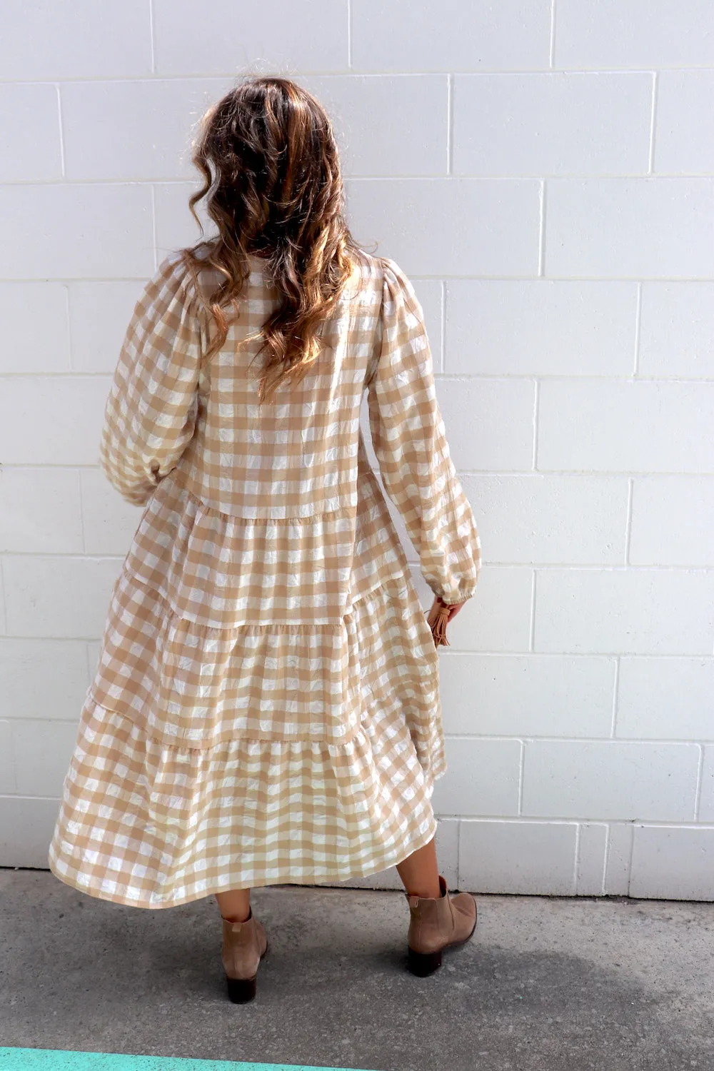 Hayley Gingham Cotton Long Sleeve Maxi Dress Taupe or Chocolate