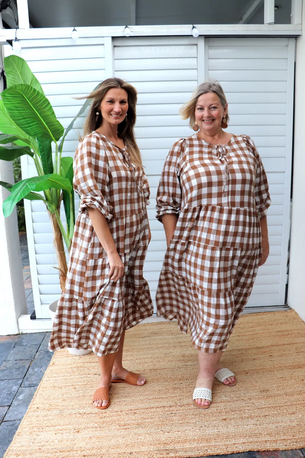 Hayley Gingham Cotton Long Sleeve Maxi Dress Taupe or Chocolate