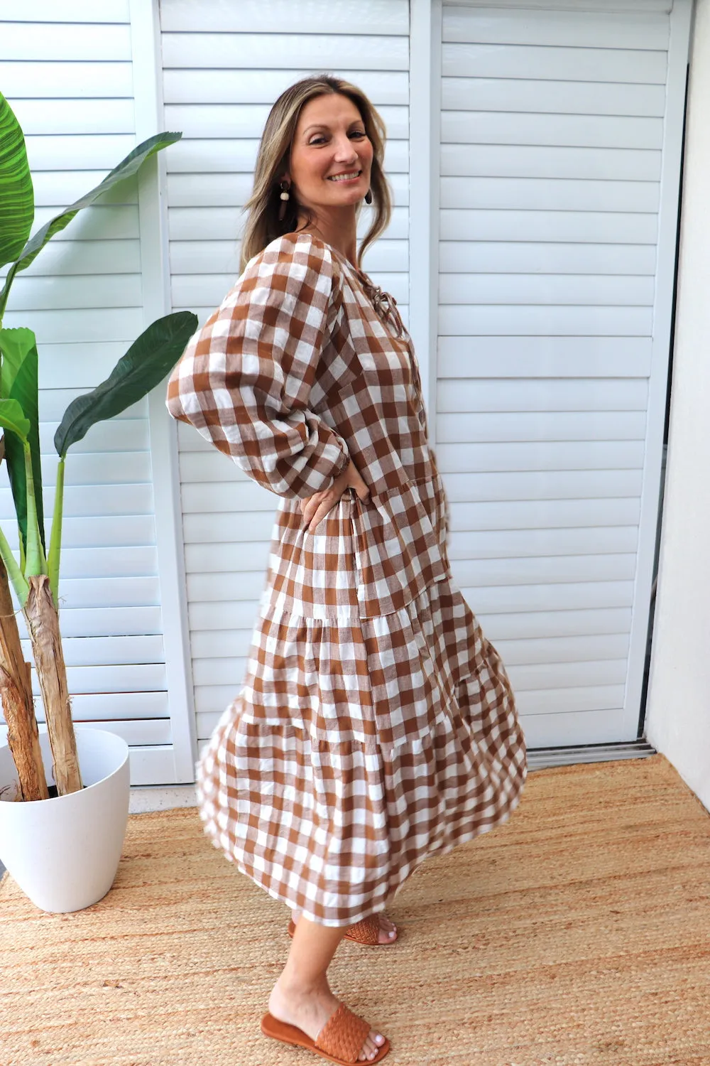 Hayley Gingham Cotton Long Sleeve Maxi Dress Taupe or Chocolate