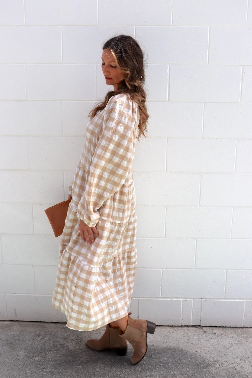 Hayley Gingham Cotton Long Sleeve Maxi Dress Taupe or Chocolate