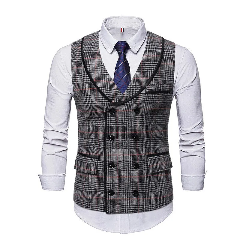 High Quality Mens Plaid Suits Vests Fashion Woolen Patchwork Double Breasted Steampunk Jackets Wedding Slim Fit Chaleco Hombre