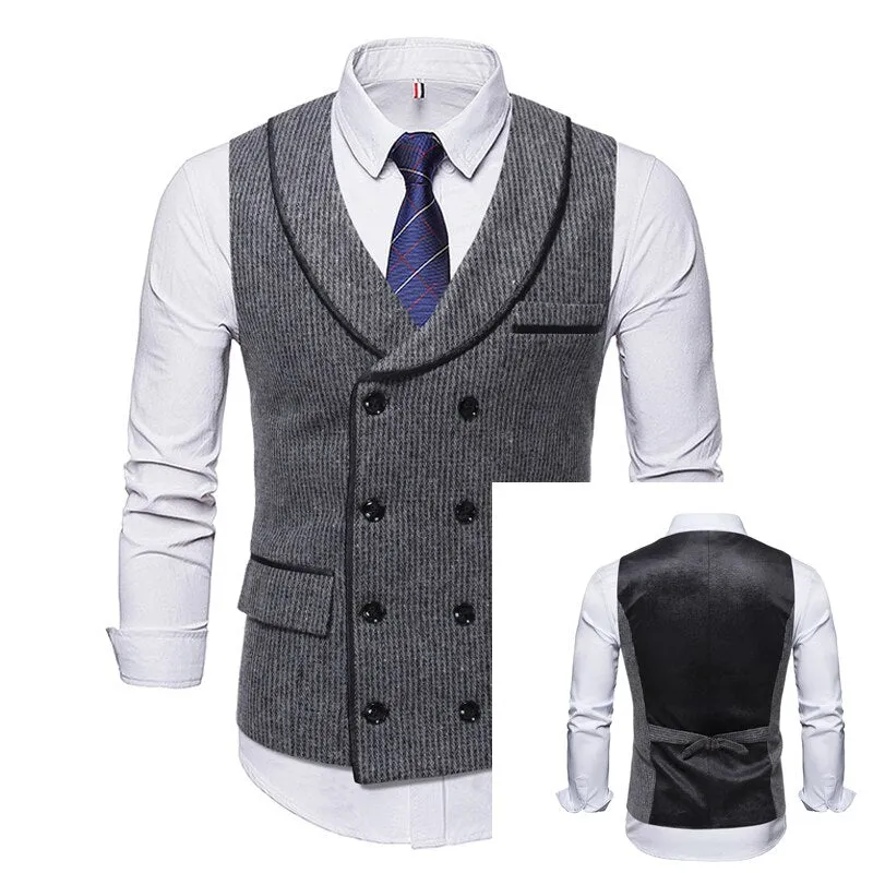 High Quality Mens Plaid Suits Vests Fashion Woolen Patchwork Double Breasted Steampunk Jackets Wedding Slim Fit Chaleco Hombre