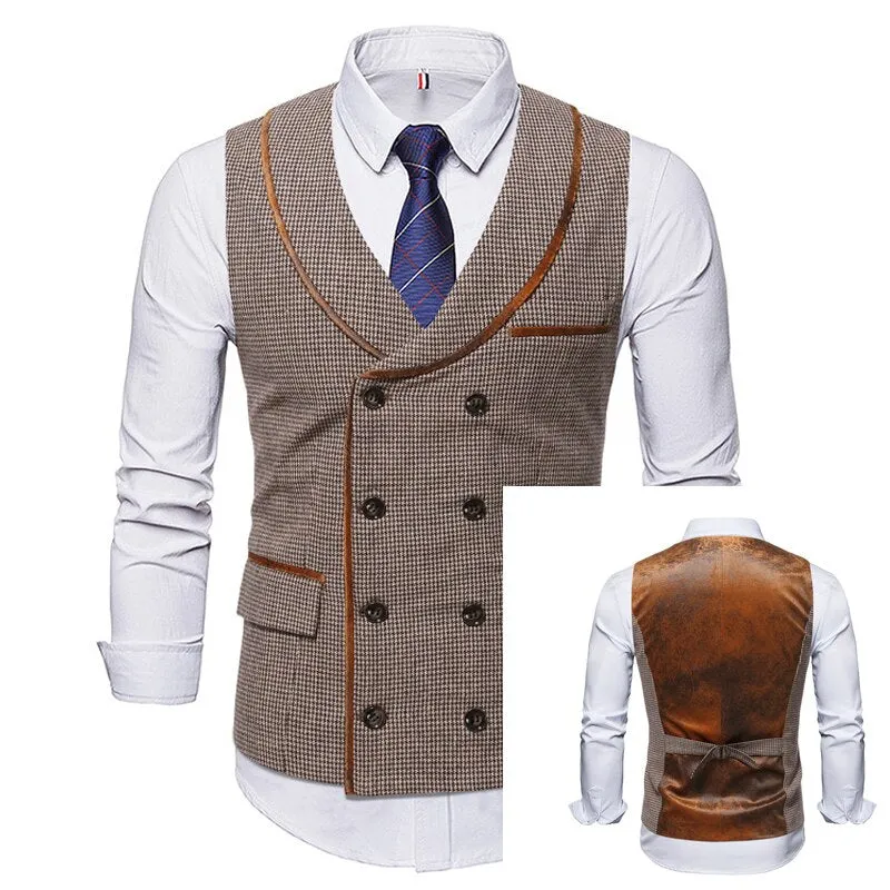 High Quality Mens Plaid Suits Vests Fashion Woolen Patchwork Double Breasted Steampunk Jackets Wedding Slim Fit Chaleco Hombre