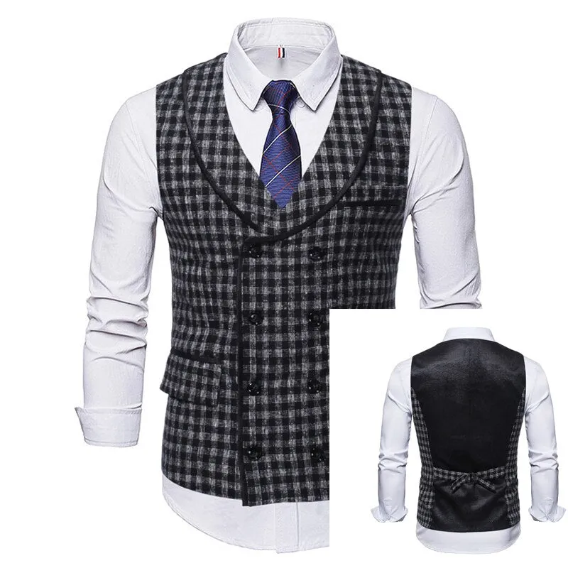 High Quality Mens Plaid Suits Vests Fashion Woolen Patchwork Double Breasted Steampunk Jackets Wedding Slim Fit Chaleco Hombre