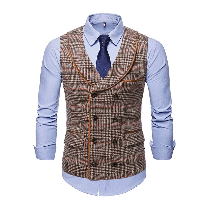 High Quality Mens Plaid Suits Vests Fashion Woolen Patchwork Double Breasted Steampunk Jackets Wedding Slim Fit Chaleco Hombre