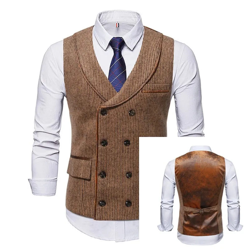 High Quality Mens Plaid Suits Vests Fashion Woolen Patchwork Double Breasted Steampunk Jackets Wedding Slim Fit Chaleco Hombre