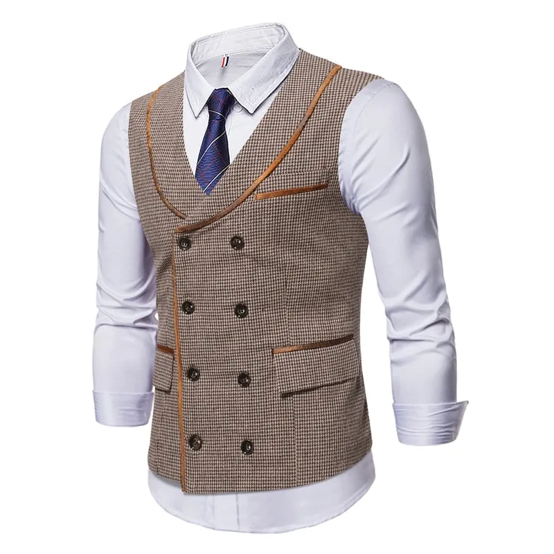 High Quality Mens Plaid Suits Vests Fashion Woolen Patchwork Double Breasted Steampunk Jackets Wedding Slim Fit Chaleco Hombre