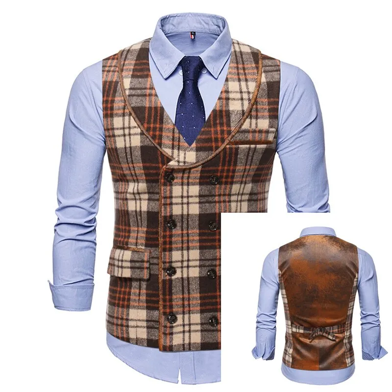 High Quality Mens Plaid Suits Vests Fashion Woolen Patchwork Double Breasted Steampunk Jackets Wedding Slim Fit Chaleco Hombre