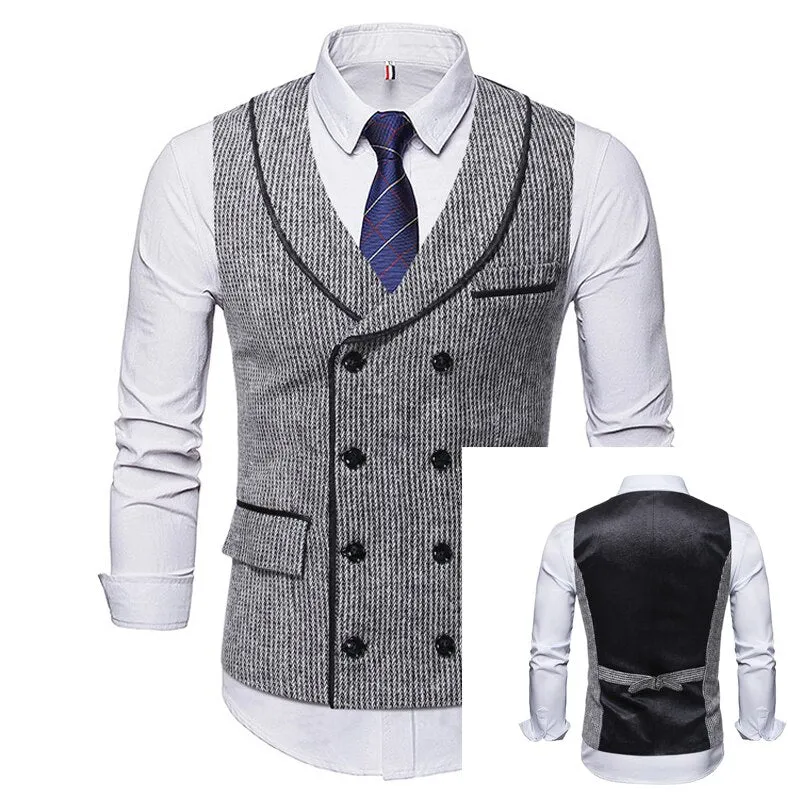 High Quality Mens Plaid Suits Vests Fashion Woolen Patchwork Double Breasted Steampunk Jackets Wedding Slim Fit Chaleco Hombre