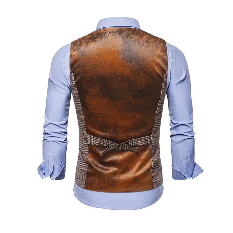 High Quality Mens Plaid Suits Vests Fashion Woolen Patchwork Double Breasted Steampunk Jackets Wedding Slim Fit Chaleco Hombre