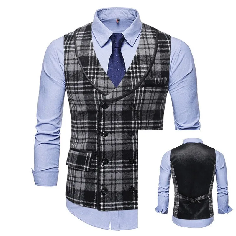 High Quality Mens Plaid Suits Vests Fashion Woolen Patchwork Double Breasted Steampunk Jackets Wedding Slim Fit Chaleco Hombre